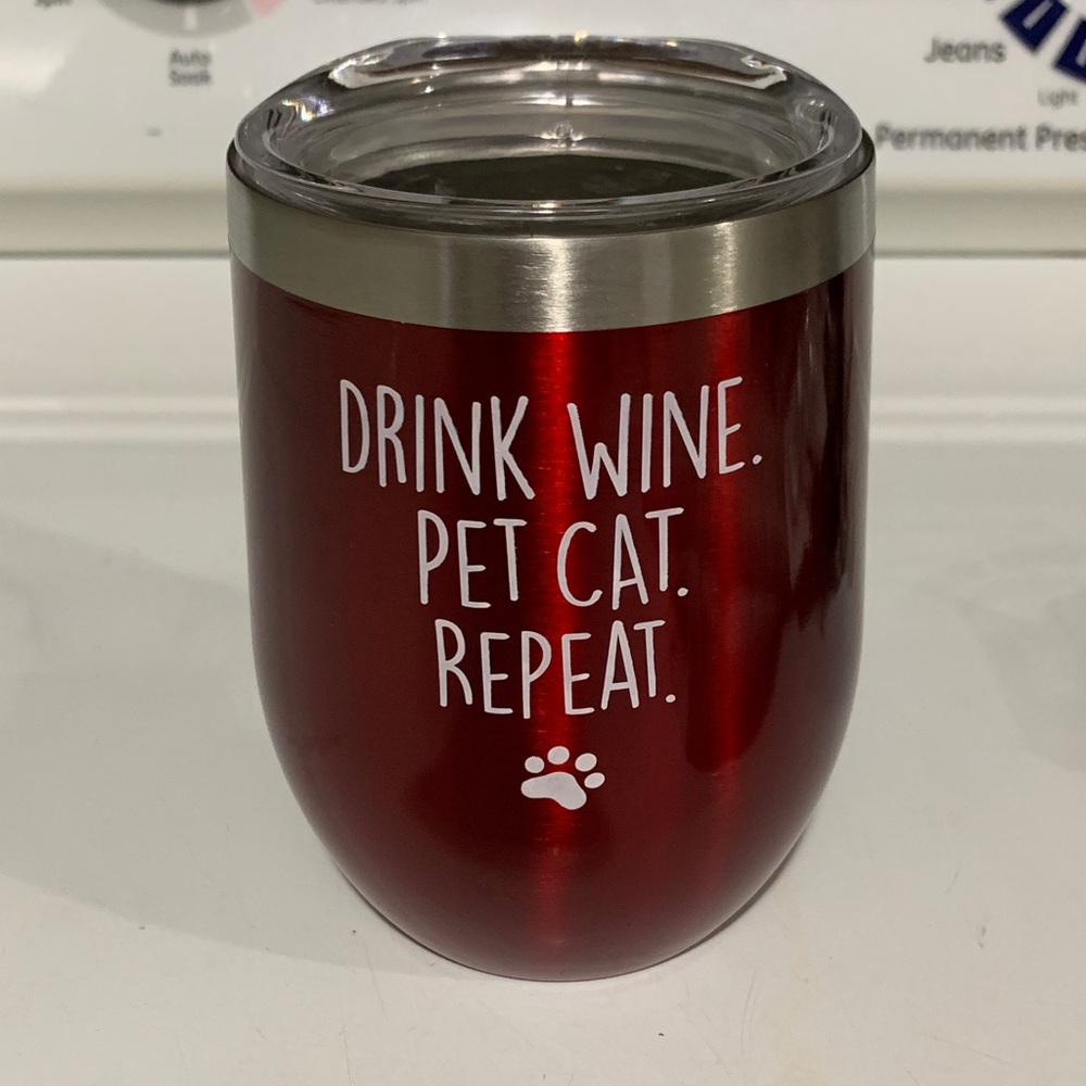 Red Stainless Steel Wine Tumbler with Lid - "Drink Wine. Pet Cat. Repeat."